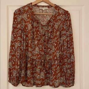Daniel Rainn Floral Print Rust Peplum Blouse with Tie Front Detail, Size Small